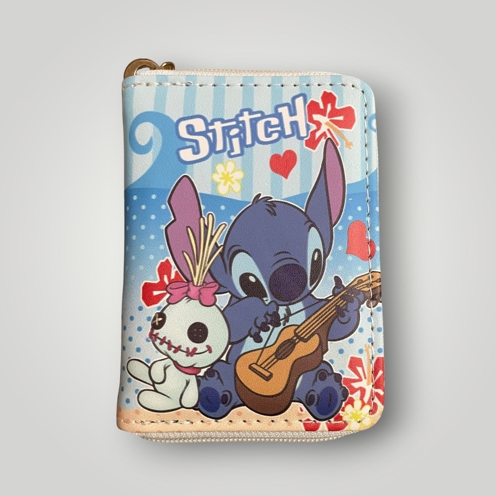 Disney Stitch Scrump Wallet Kids Small Blue Ukulele Zip Around Coin Purse Kawaii